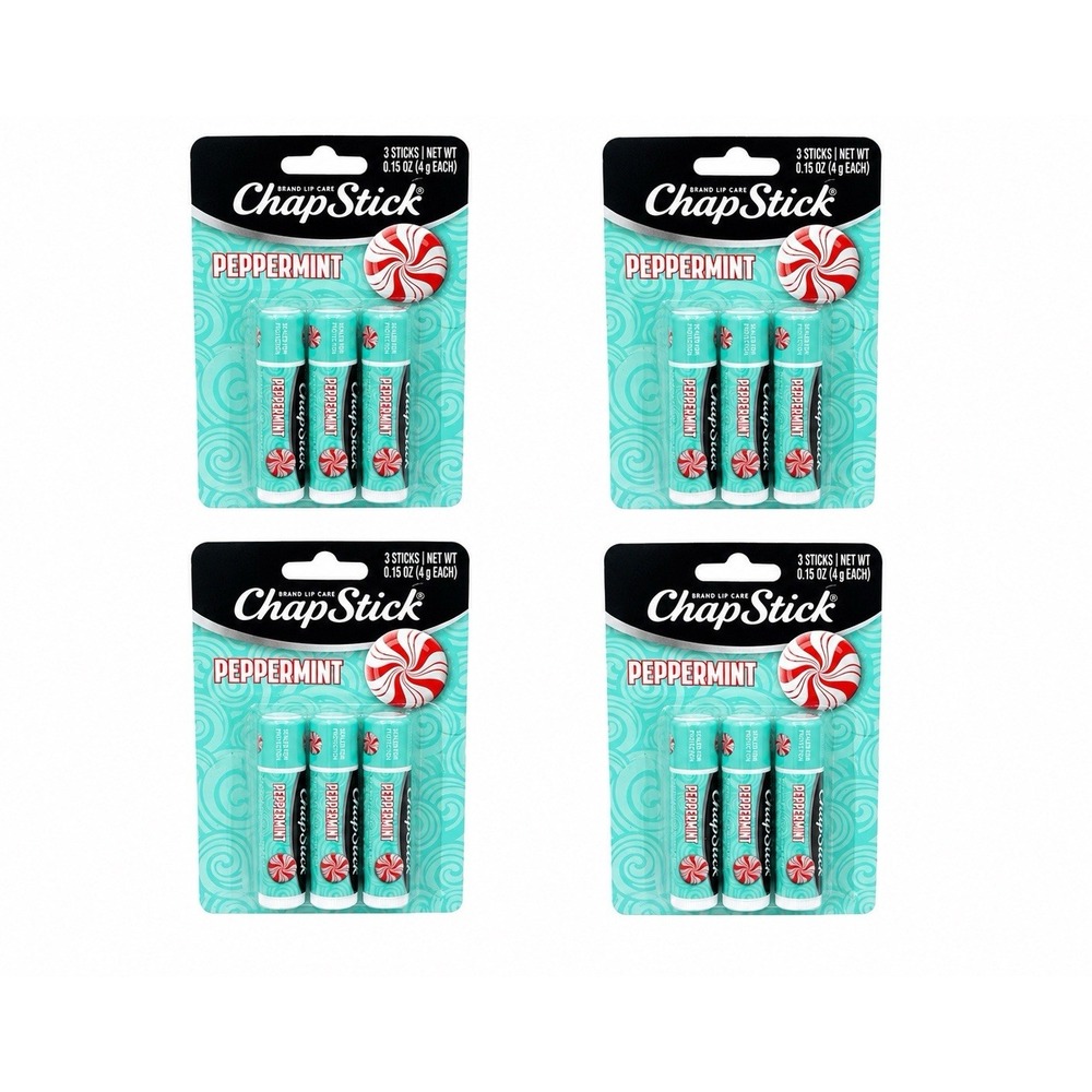 4 PK Of 3 CHAPSTICK Lip Balm PEPPERMINT Candy HOLIDAY/CHRISTMAS Limited Edition